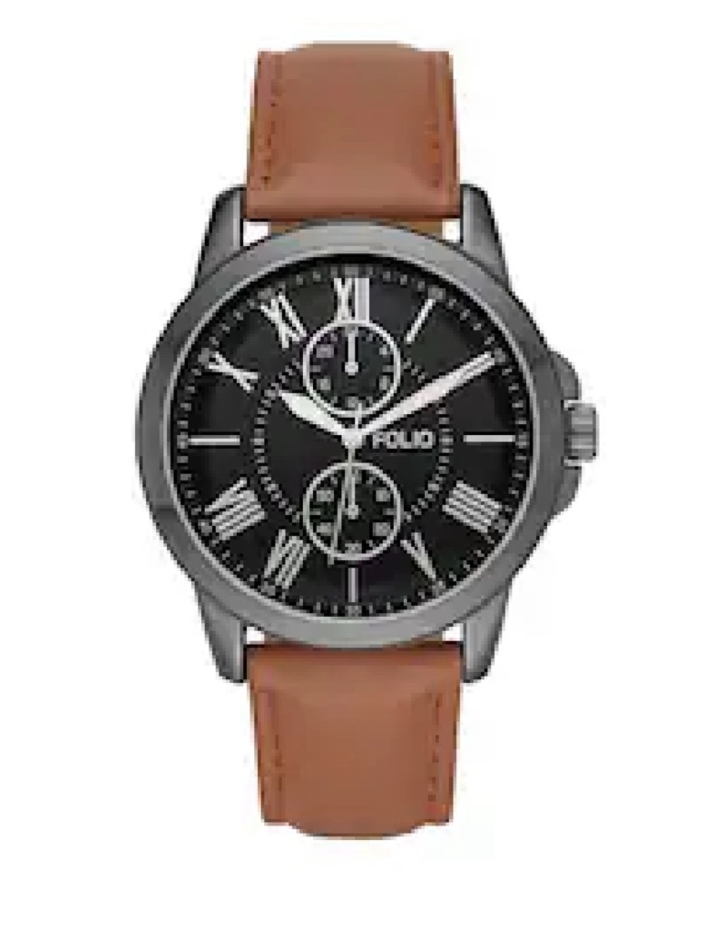 Folio Mens Quartz Watch chronograph-style w/ faux vegan brown leather strap NWOT